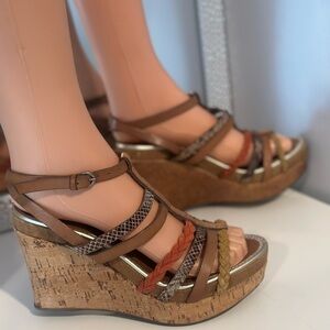 🇮🇹Progetto Stylish Brown Wedge Sandals Leather Sz EU 38 US 7.5-8